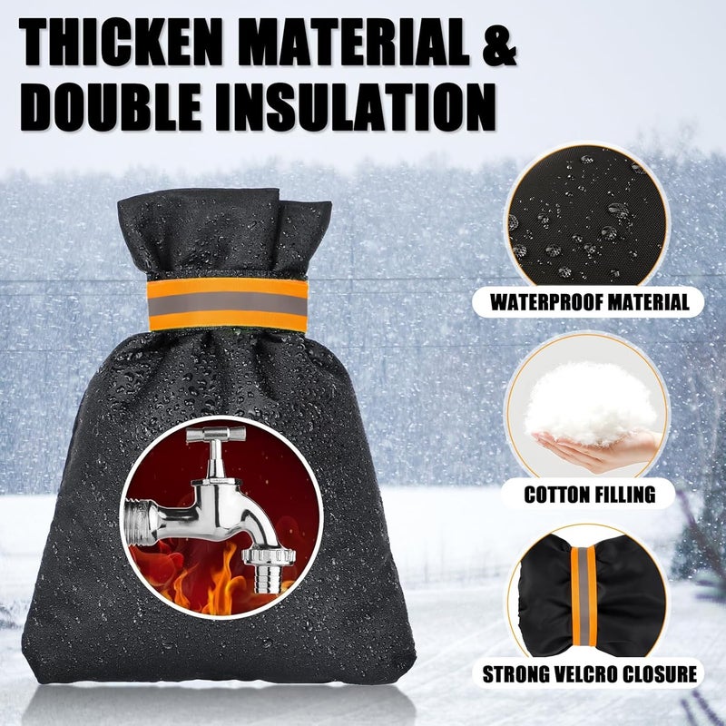 LLWAN 4 Pack Outdoor Faucet Covers for Winter, 6.7" W x 8.3" H Outdoor Water Faucet Cover Socks for Winter Freeze Protection Pipe Reusable Waterproof Insulated Spigot Covers with Reflective Strips, Black - Image 3